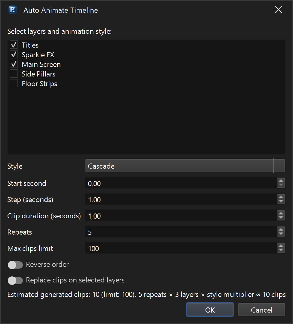 Auto Animate Timeline dialog with layers, Cascade style, start second, step, clip duration, repeats and max clips limit