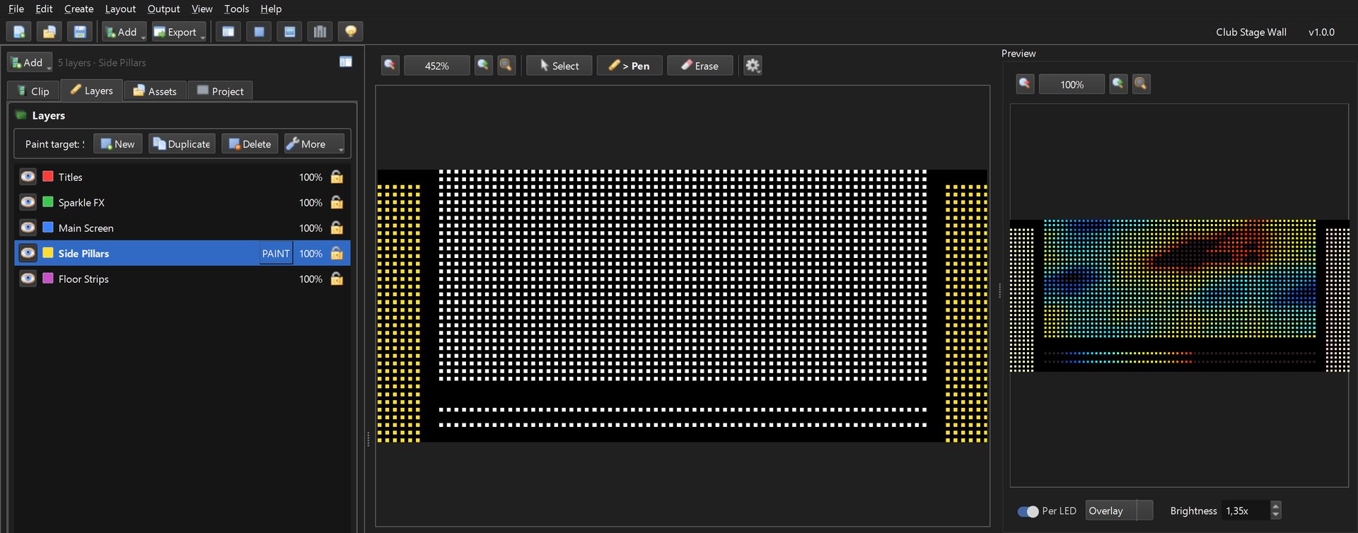 Layers tab with five layers and the Side Pillars mask painted on the LED canvas