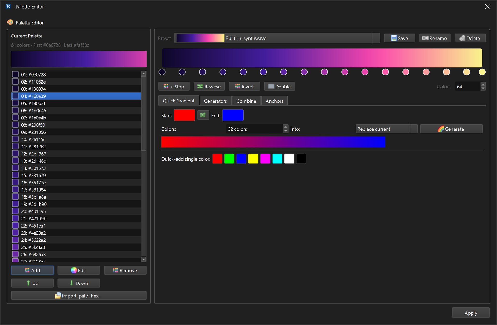Palette editor with the synthwave preset and gradient generators