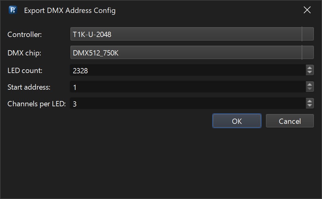 DMX address configuration export dialog in LEDEdit Pro 2026