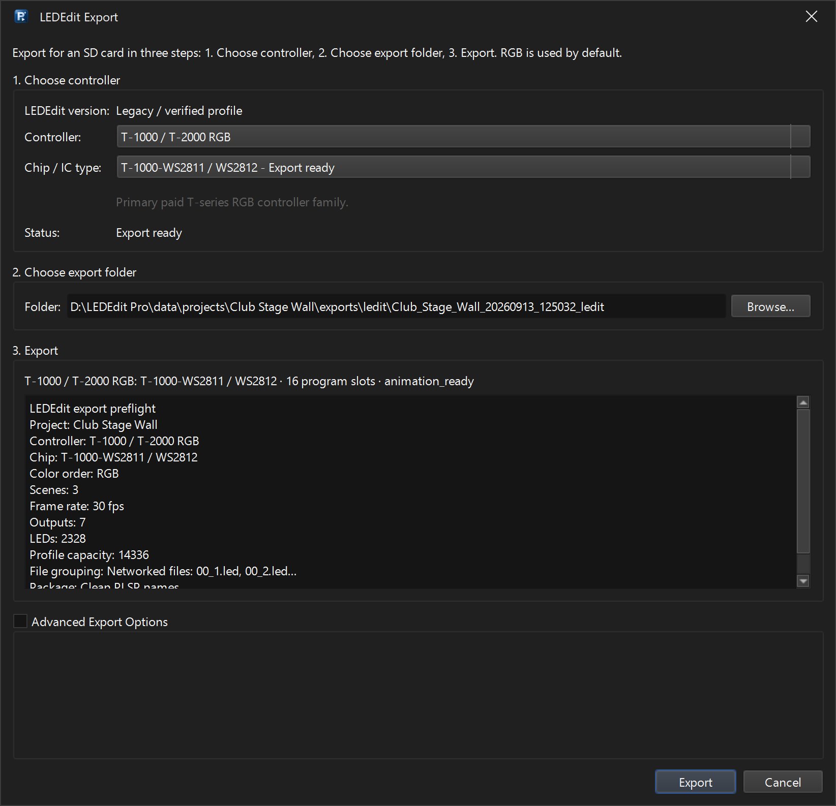 LEDEdit Export dialog with controller family, chip type and export preflight summary