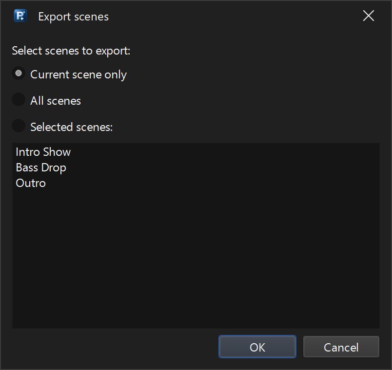 Export scenes dialog with Current scene only, All scenes and Selected scenes options
