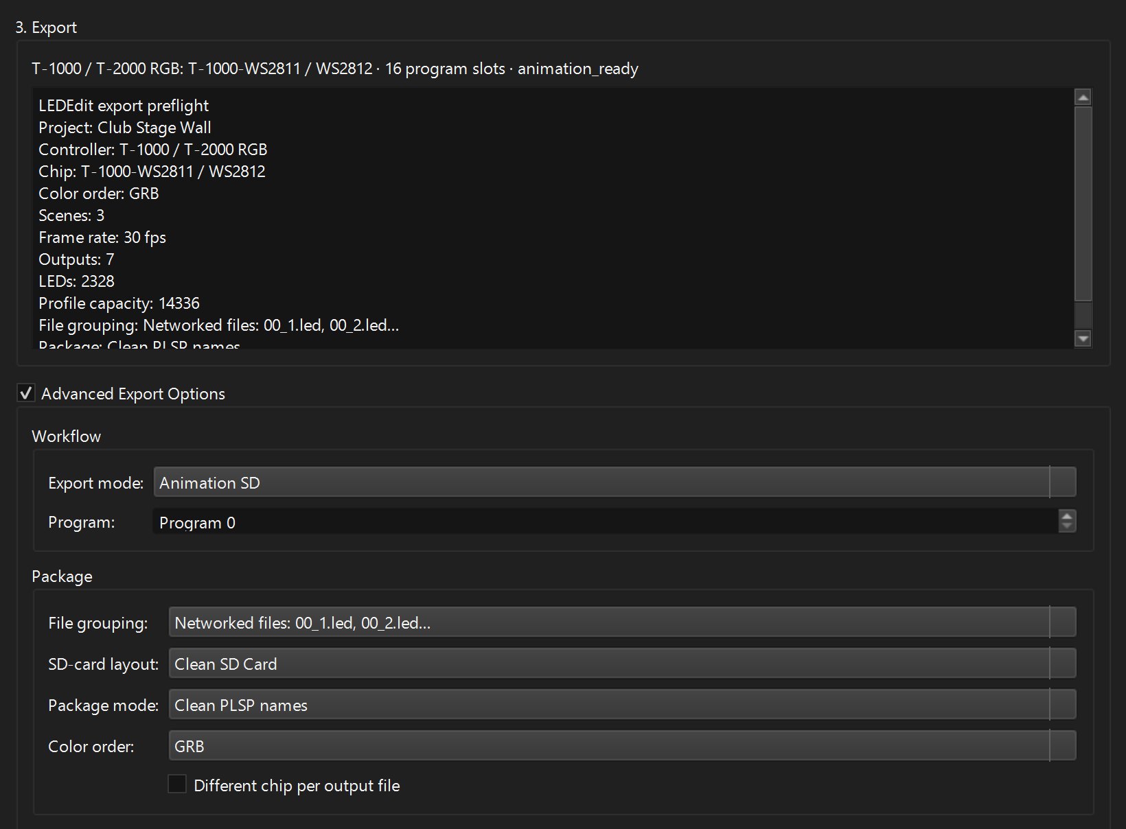 LEDEdit Export dialog with Advanced Export Options open, Color order set to GRB and the preflight showing Color order: GRB