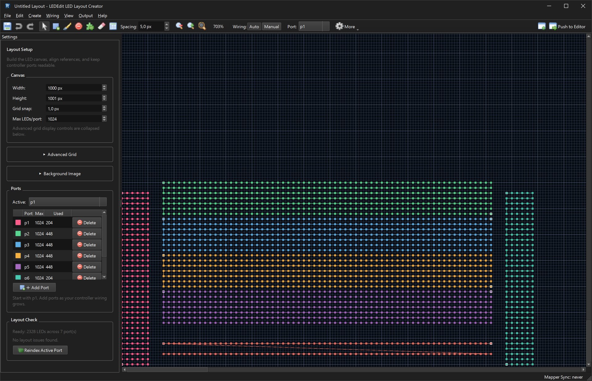 LED Layout Creator after importing a DXF: seven coloured ports, Ports table with Used counts and Layout Check Ready: 2328 LEDs across 7 port(s)