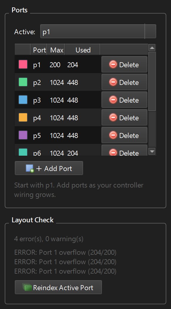 LED Layout Creator Ports table with p1 Max 200 and Used 204 and Layout Check showing 4 errors: Port 1 overflow (204/200)