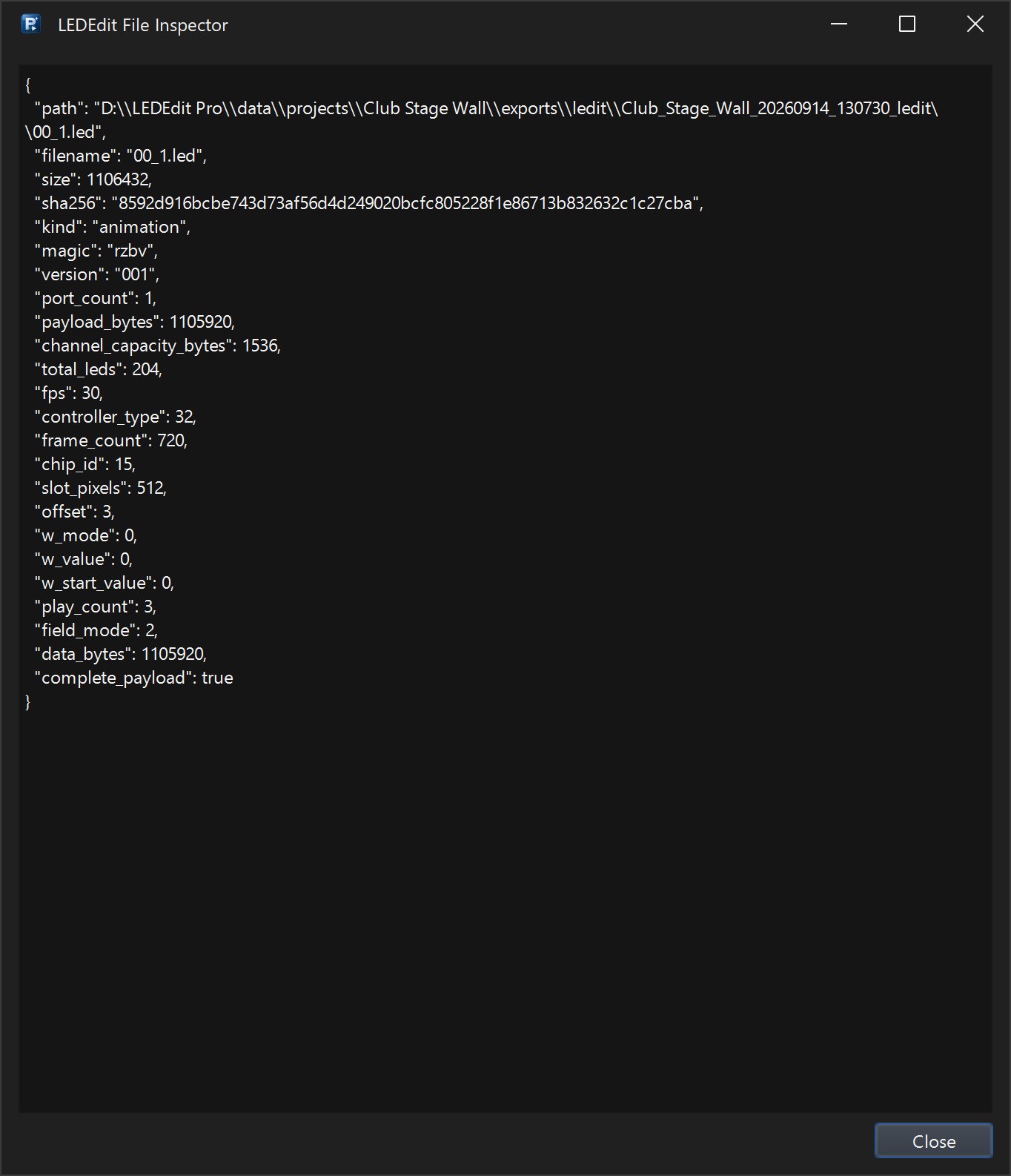LEDEdit File Inspector showing kind animation, port_count 1, total_leds 204, fps 30, frame_count 720 and complete_payload true