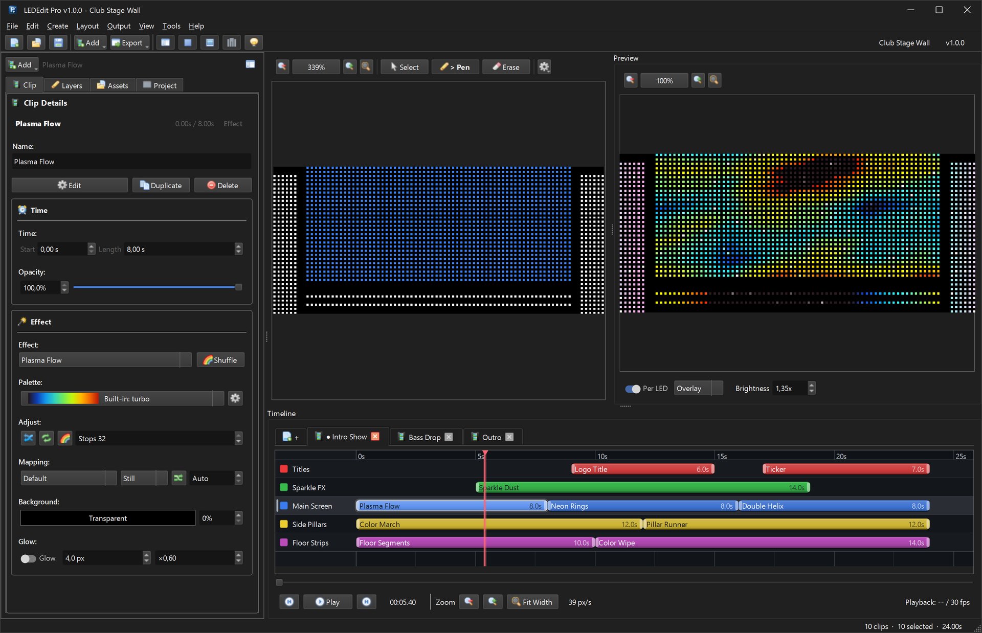 LEDEdit Pro 2026 main editor with LED layers, per-LED live preview and multi-scene timeline