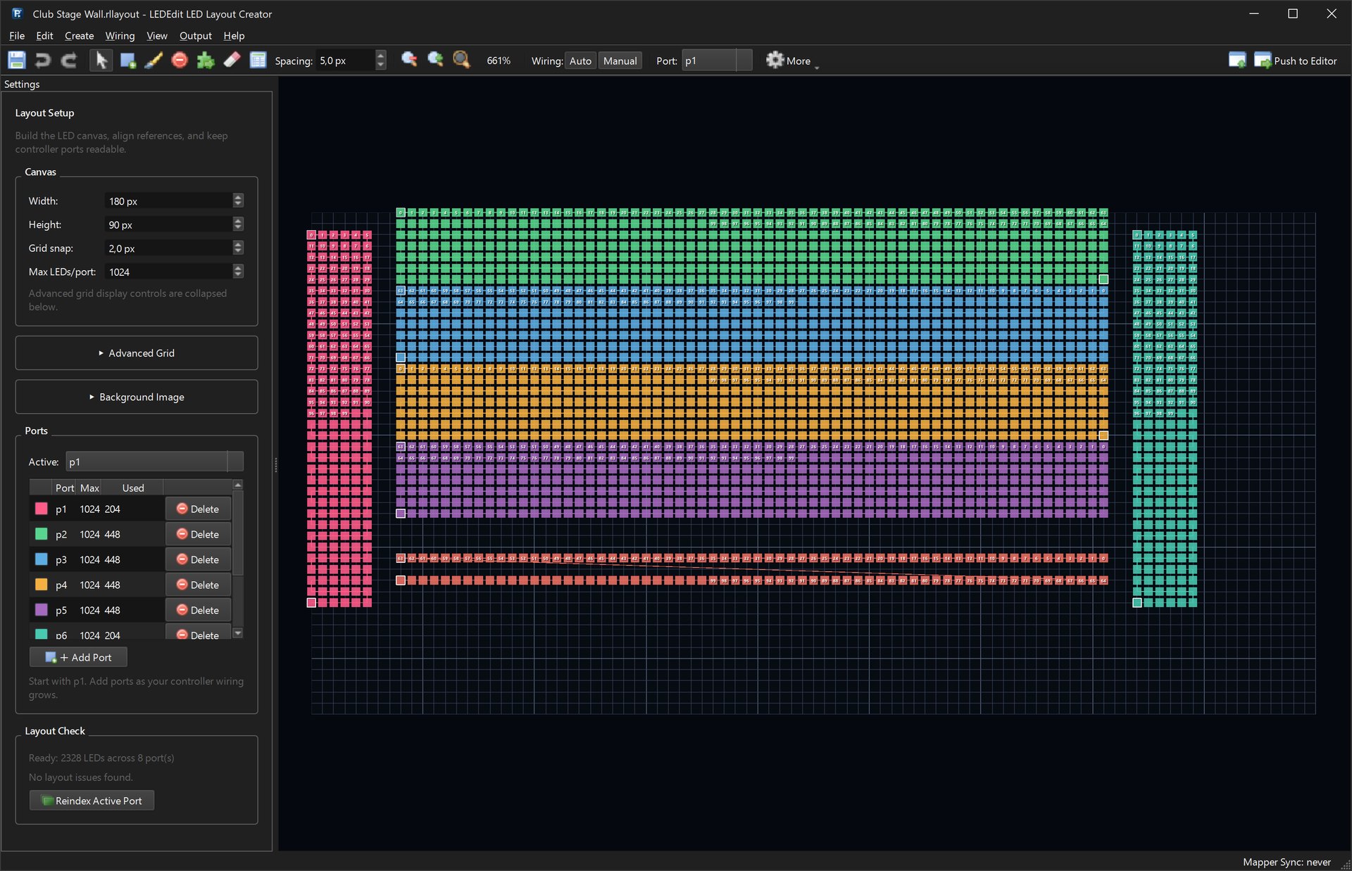 LED Layout Creator with a 2,328-LED stage wall, coloured ports and serpentine wiring