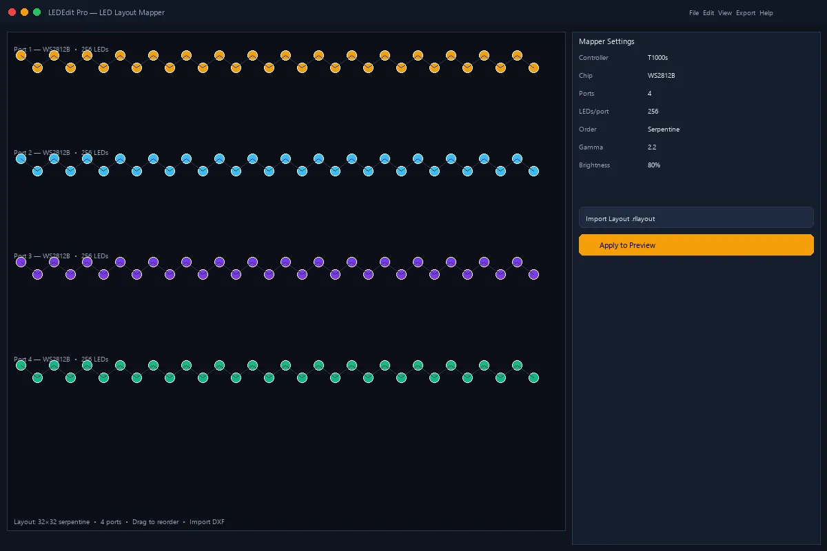 Mapeador de layout LED con cableado serpentina y puertos