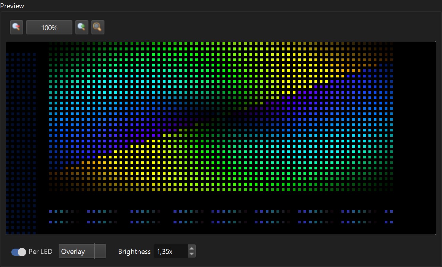 Per-LED live preview of the stage wall playing a kaleidoscope effect