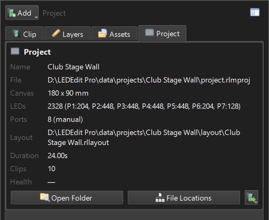 Project tab in LEDEdit Pro 2026 showing 2328 LEDs split across ports P1 to P7