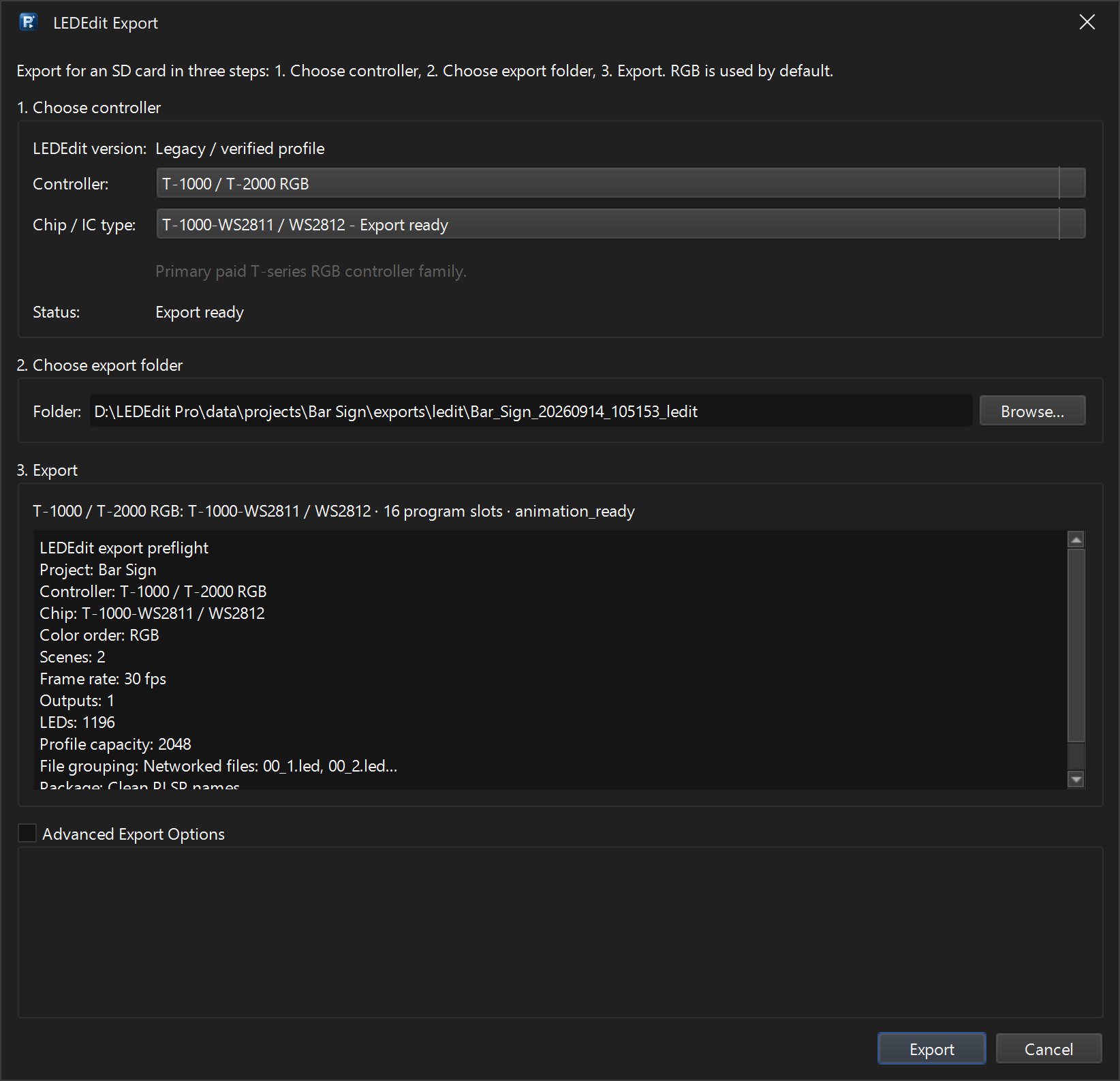 LEDEdit Export dialog with T-1000 / T-2000 RGB, WS2811 chip and preflight showing 1196 LEDs and 2 scenes