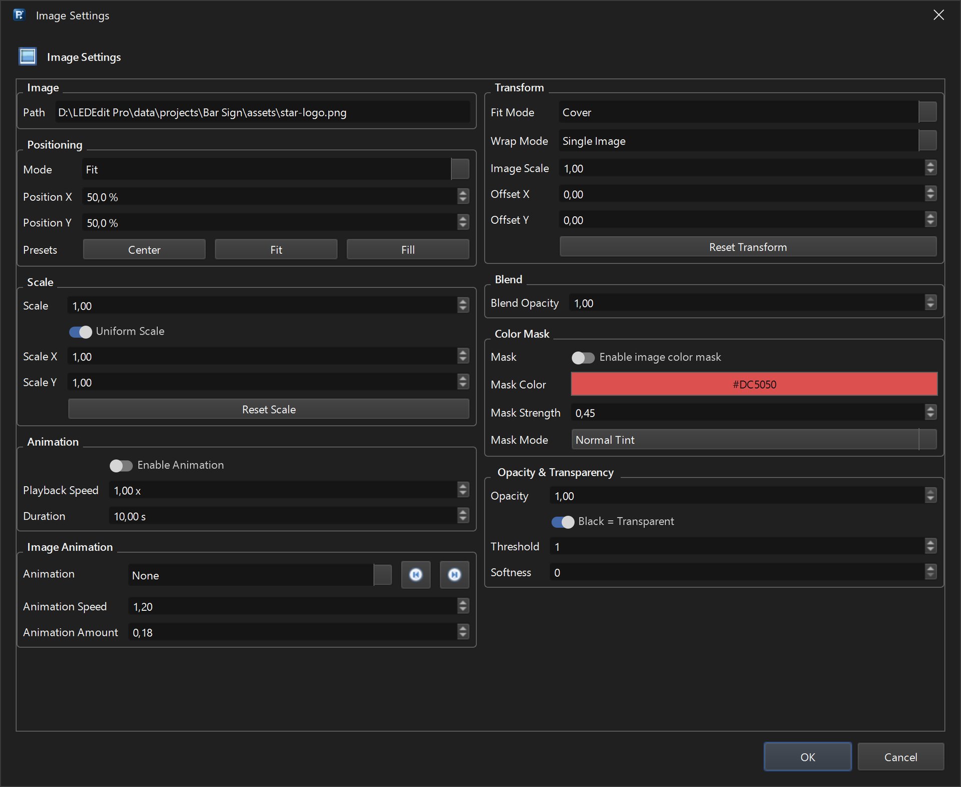 Image Settings for the star logo with Fit positioning and Black = Transparent