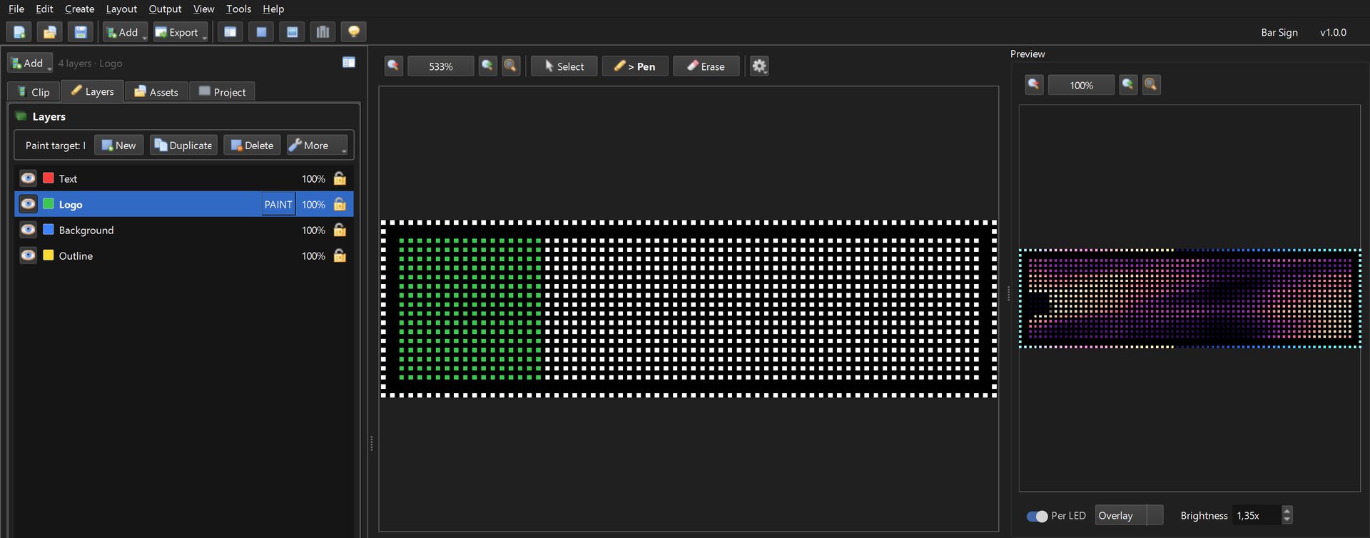Layers tab with Text, Logo, Background and Outline and the Logo mask painted on the left of the matrix