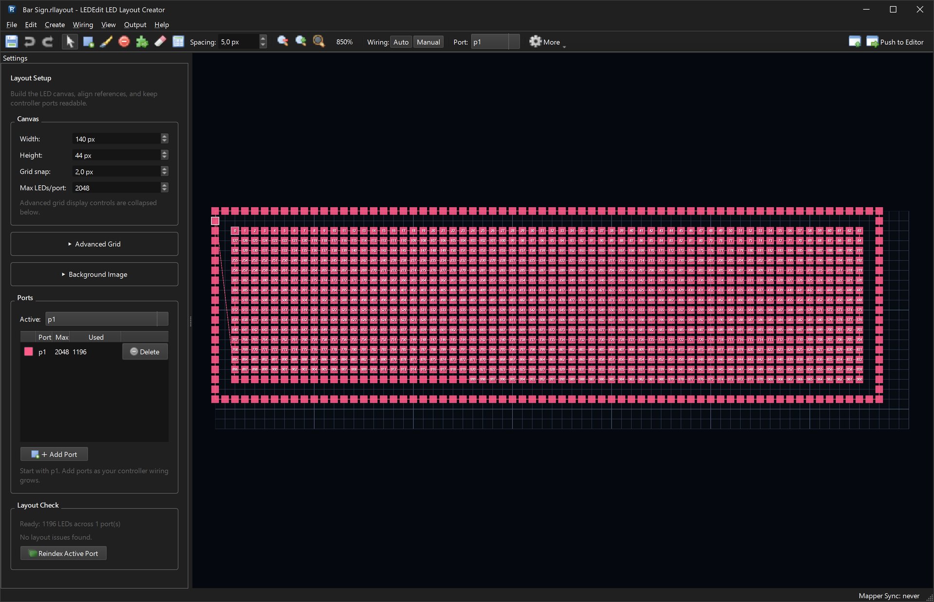 LED Layout Creator with a 64 x 16 matrix and outline strip, 1196 LEDs on port p1 of 2048