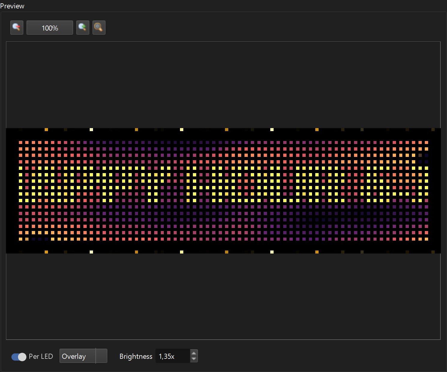 Per-LED preview of the bar sign with HAPPY HOUR text over a plasma background and a gold outline