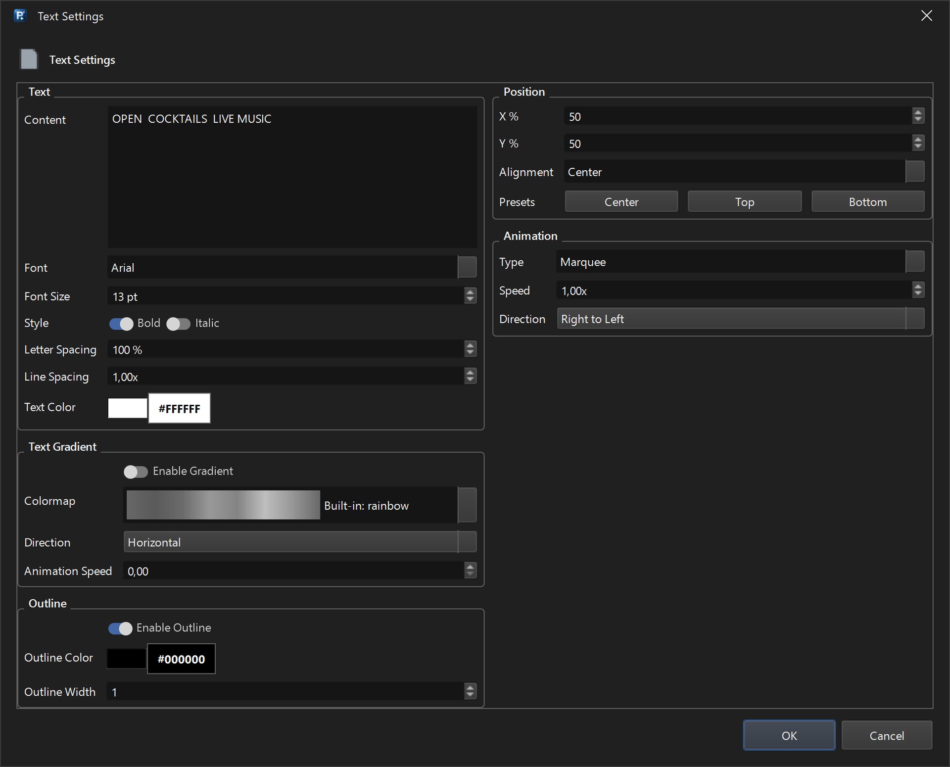 Text Settings with the ticker text, Marquee animation and right to left direction