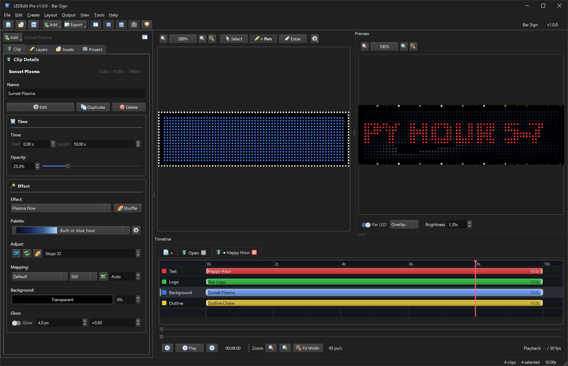 LEDEdit Pro 2026 com o projeto Bar Sign: quatro camadas, cena de Happy Hour e visualização por LED de um ticker de rolagem