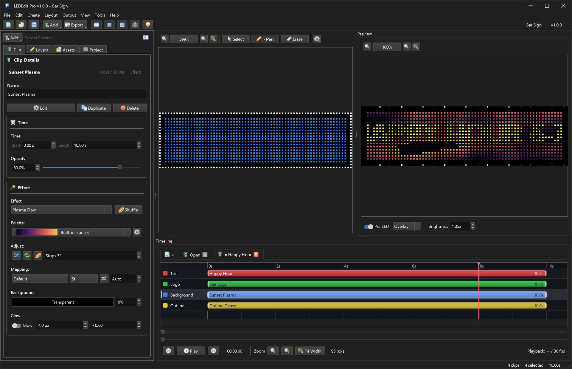 LEDEdit Pro 2026 with the Bar Sign project: four layers, Happy Hour scene and per-LED preview of a scrolling ticker