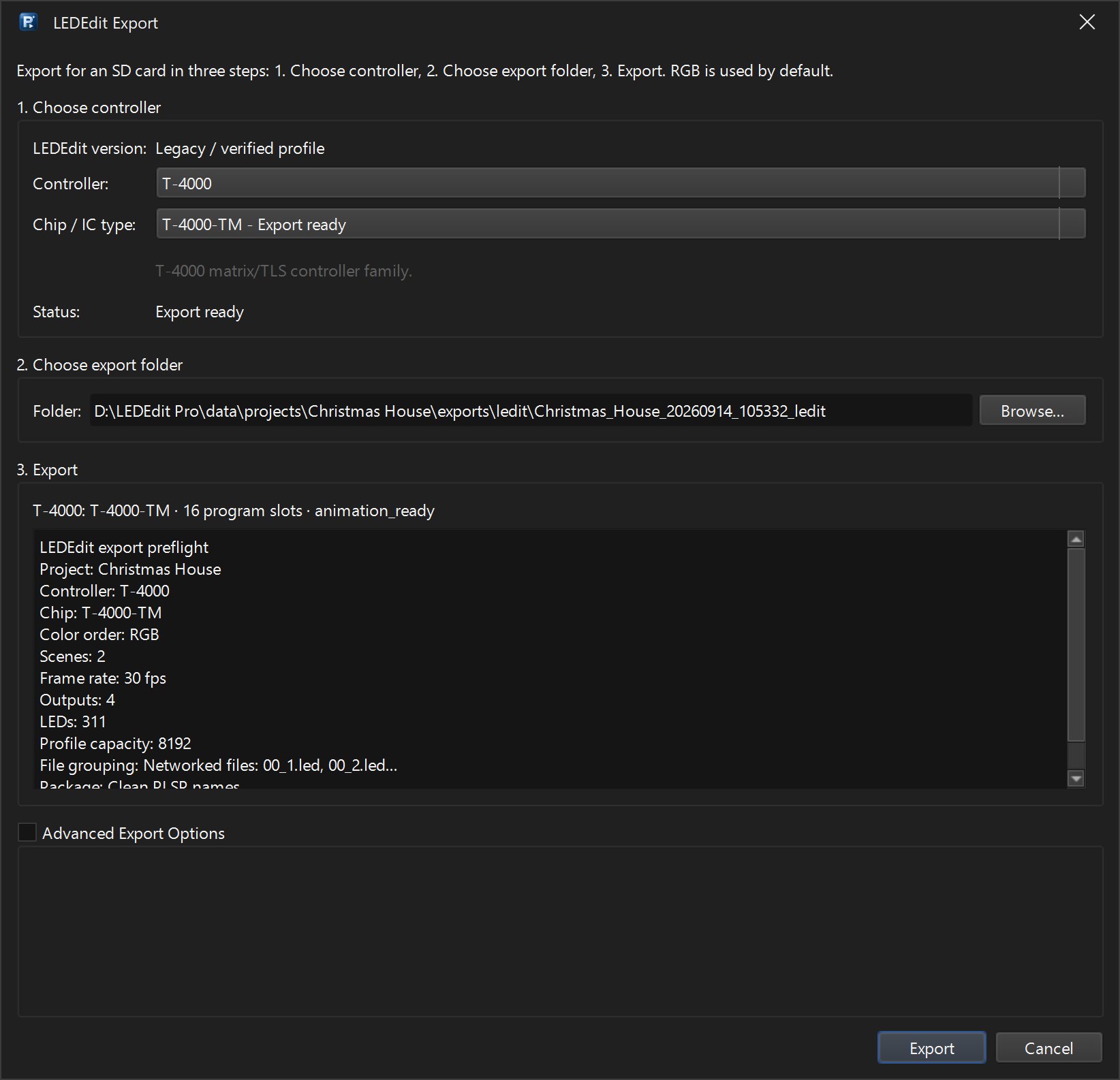 LEDEdit Export dialog with the T-4000 family selected for the Christmas house
