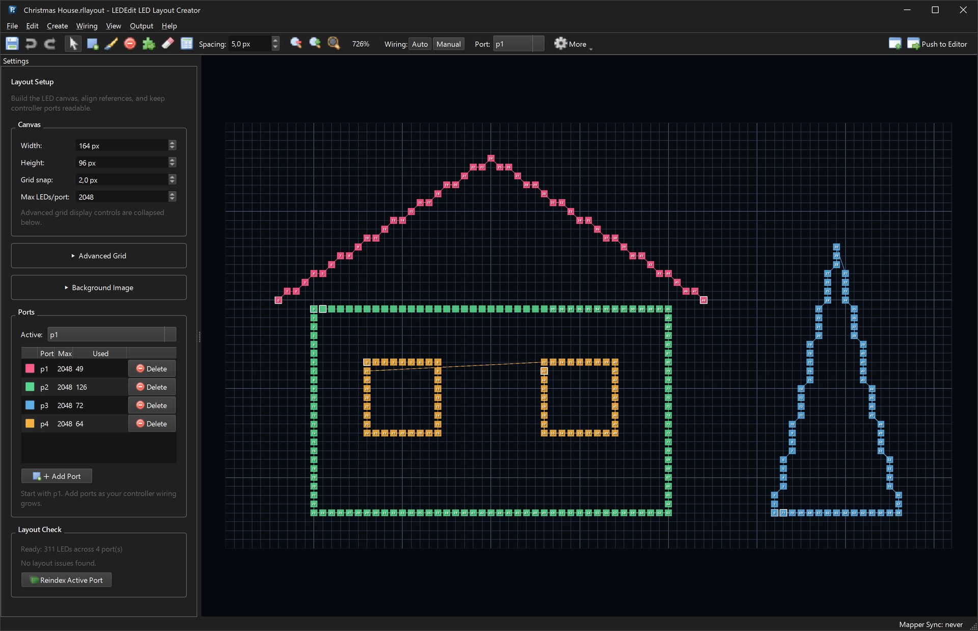 LED Layout Creator with a house outline, two windows and a tree on four colour-coded ports