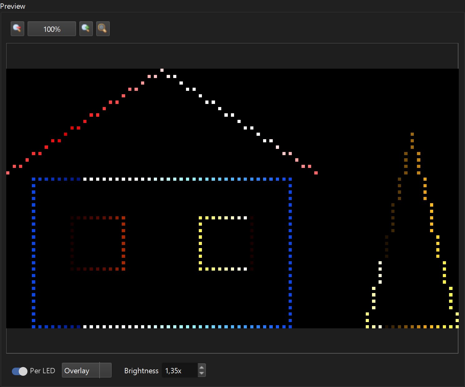 Per-LED preview of the Christmas house with a red and white roof, blue walls, warm windows and a gold tree