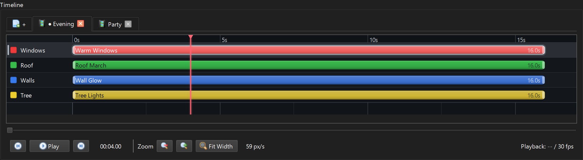 Timeline with Evening and Party scene tabs and one 16-second clip per layer