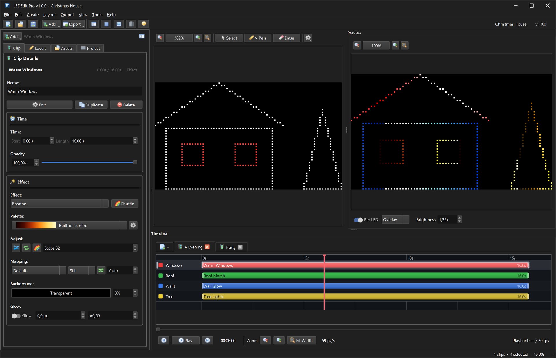 LEDEdit Pro 2026 with a Christmas house project: roof, walls, windows and tree layers and an Evening scene
