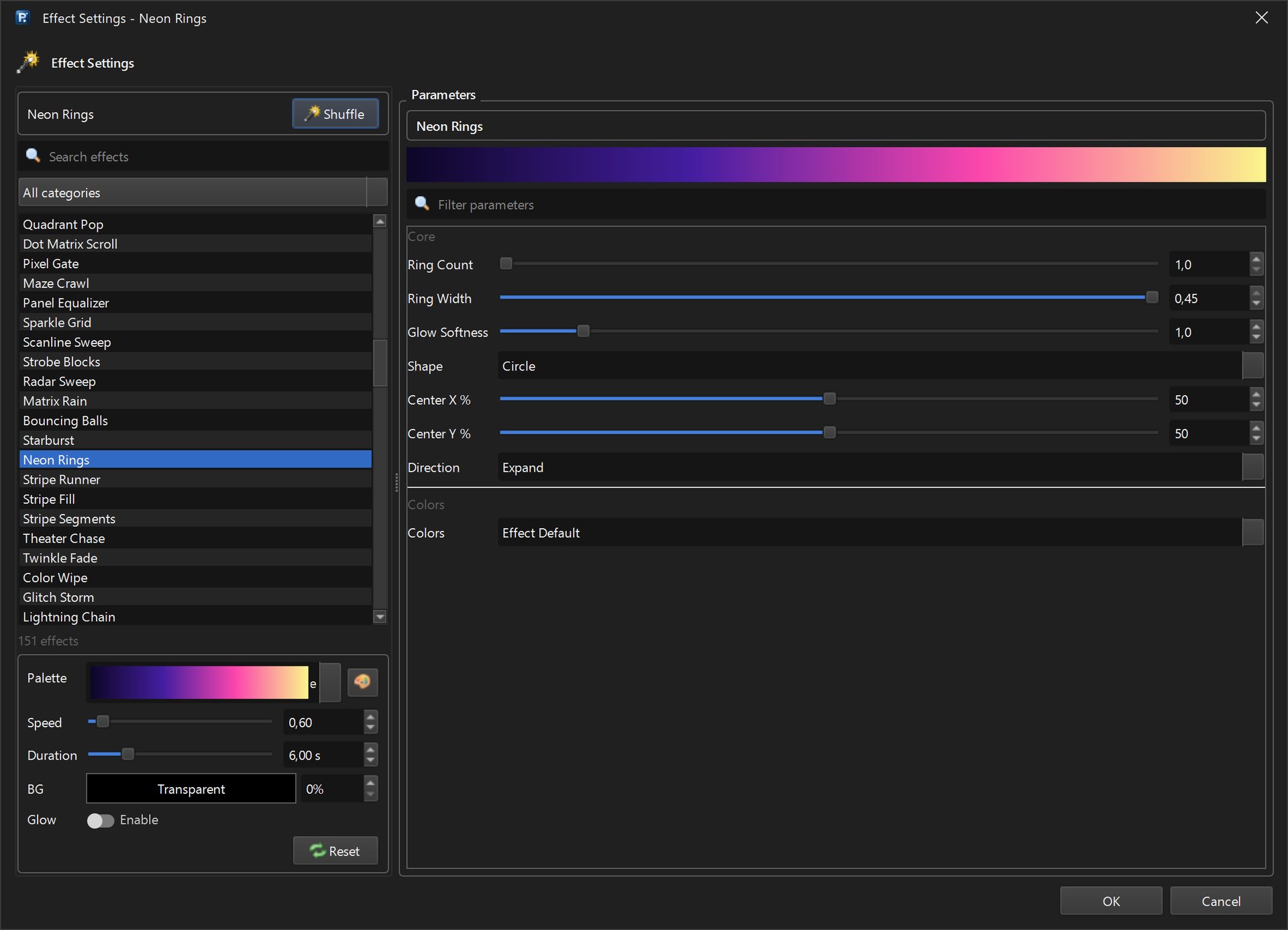 Effect Settings for Neon Rings with the synthwave palette and ring parameters