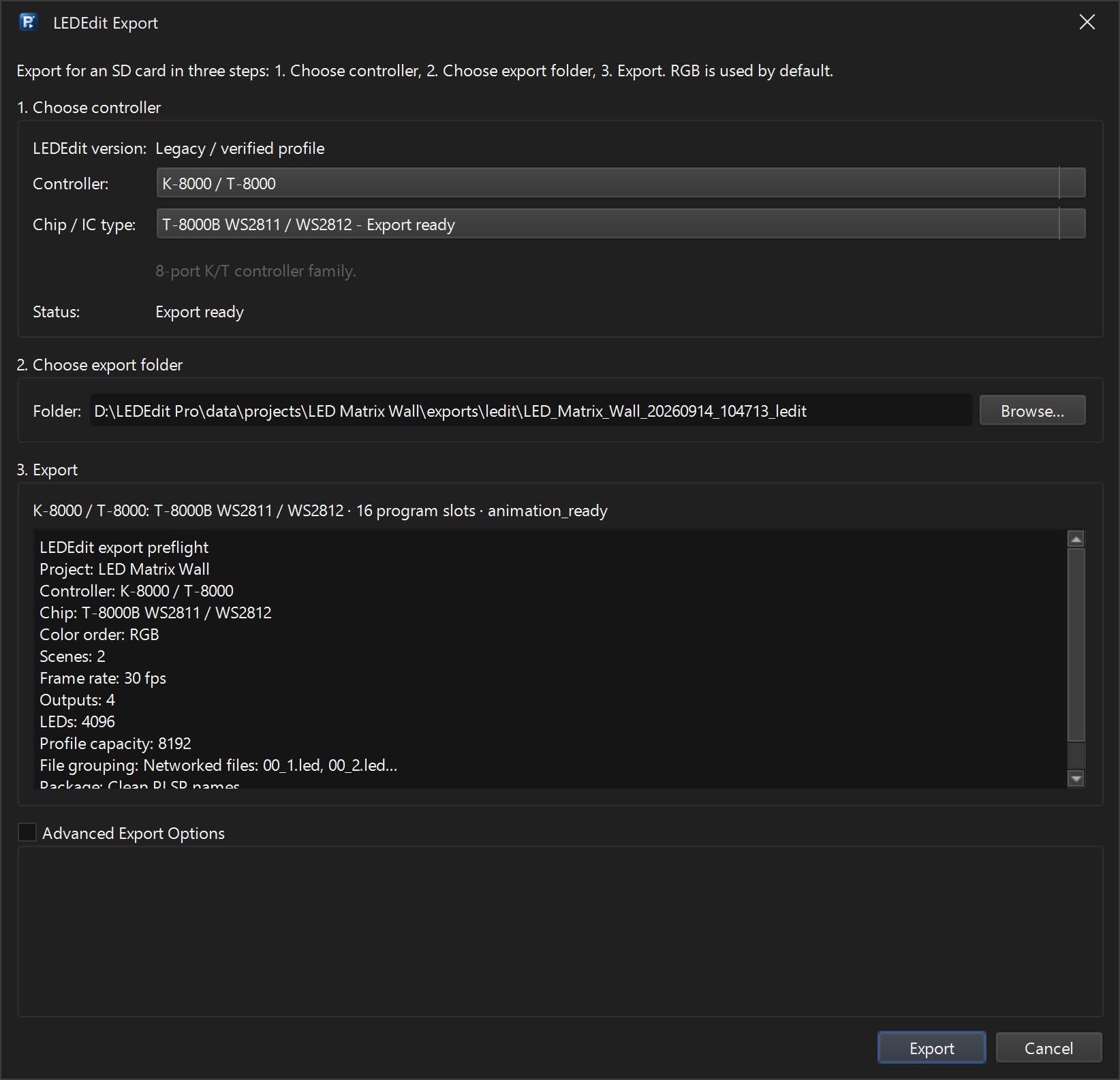 LEDEdit Export dialog with the K-8000 / T-8000 family for the LED matrix wall