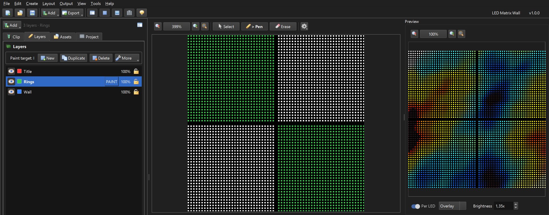 Layers tab with Title, Rings and Wall layers and the Rings mask on the top-left and bottom-right panels