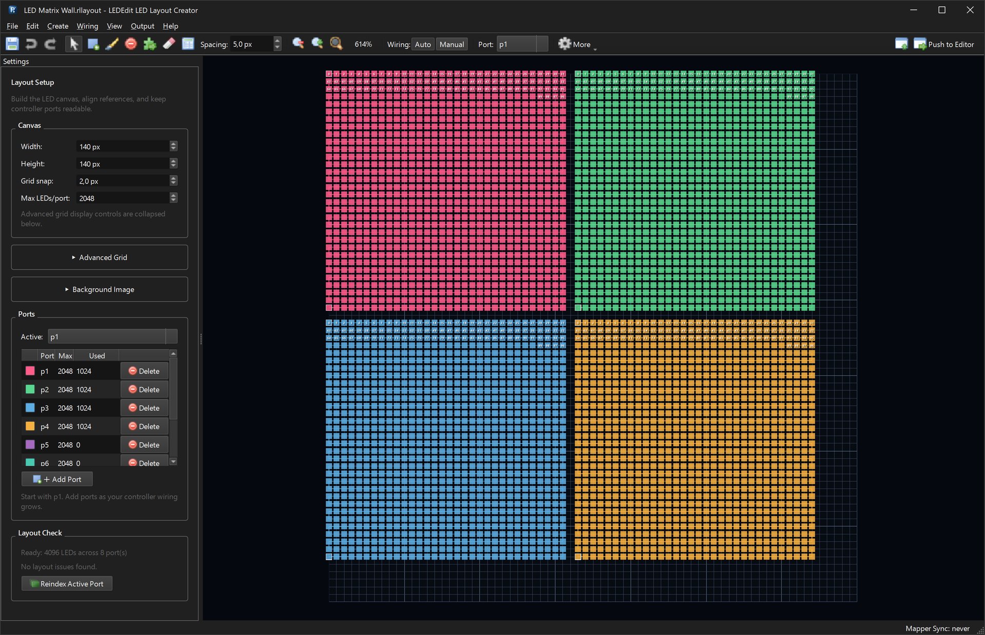 LED Layout Creator with four 32 x 32 panels on ports p1 to p4, each 1024 of 2048 LEDs