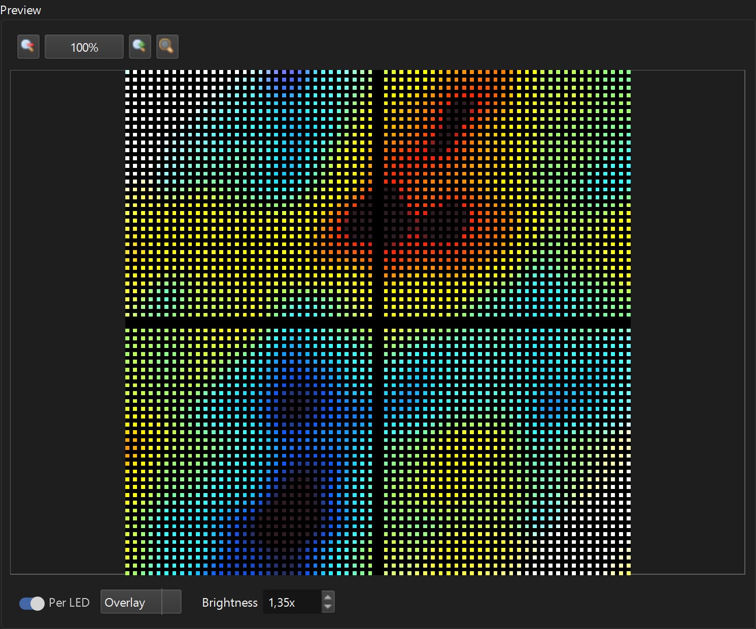 Per-LED preview of a 64 x 64 LED wall with a plasma effect crossing four panels