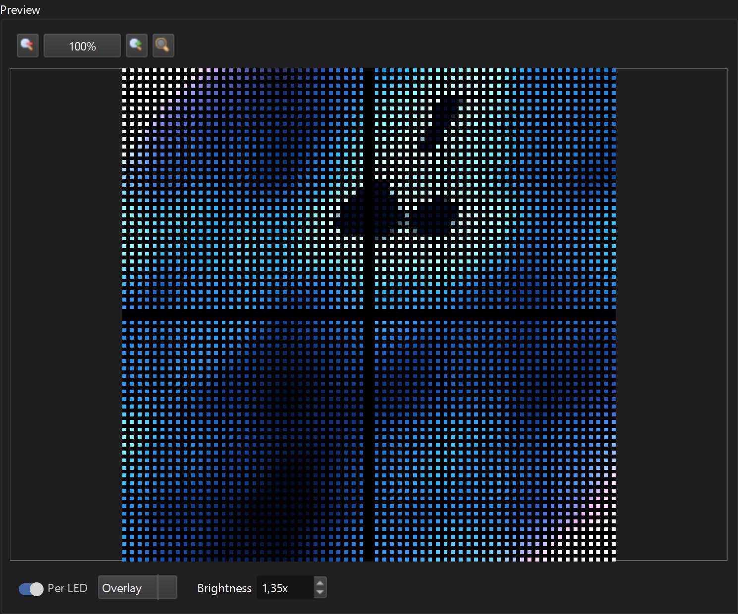 Visualização por LED de uma parede de LED 64 x 64 com efeito de plasma atravessando quatro painéis