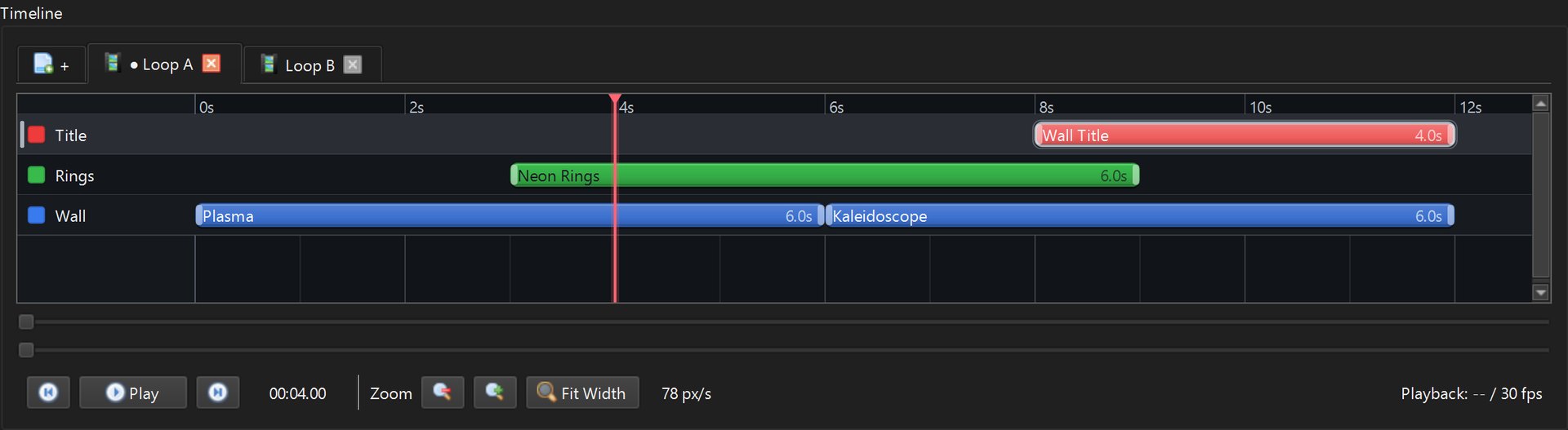 Timeline of Loop A with title, rings and two wall effects