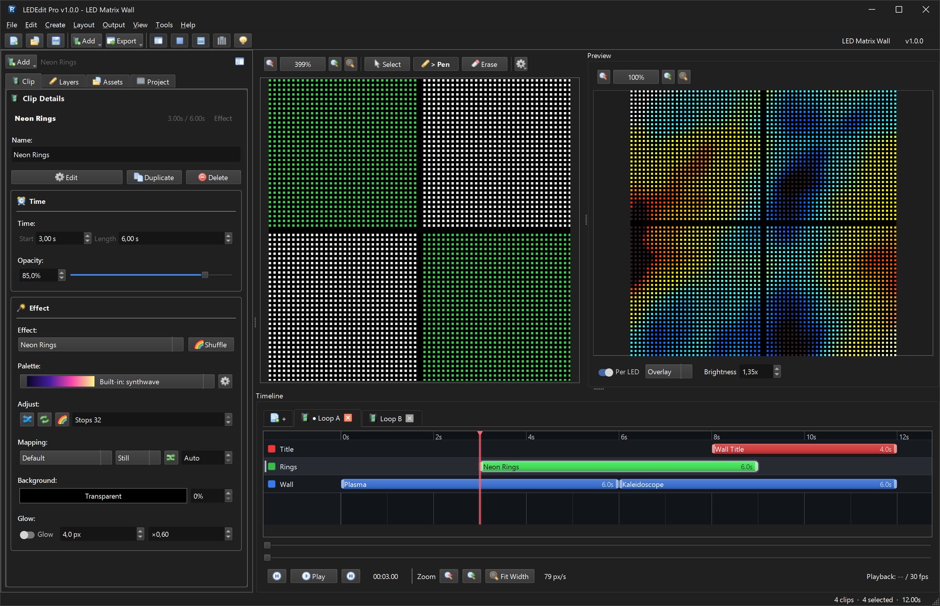 LEDEdit Pro 2026 with an LED matrix wall made of four 32 x 32 panels, three layers and a plasma effect