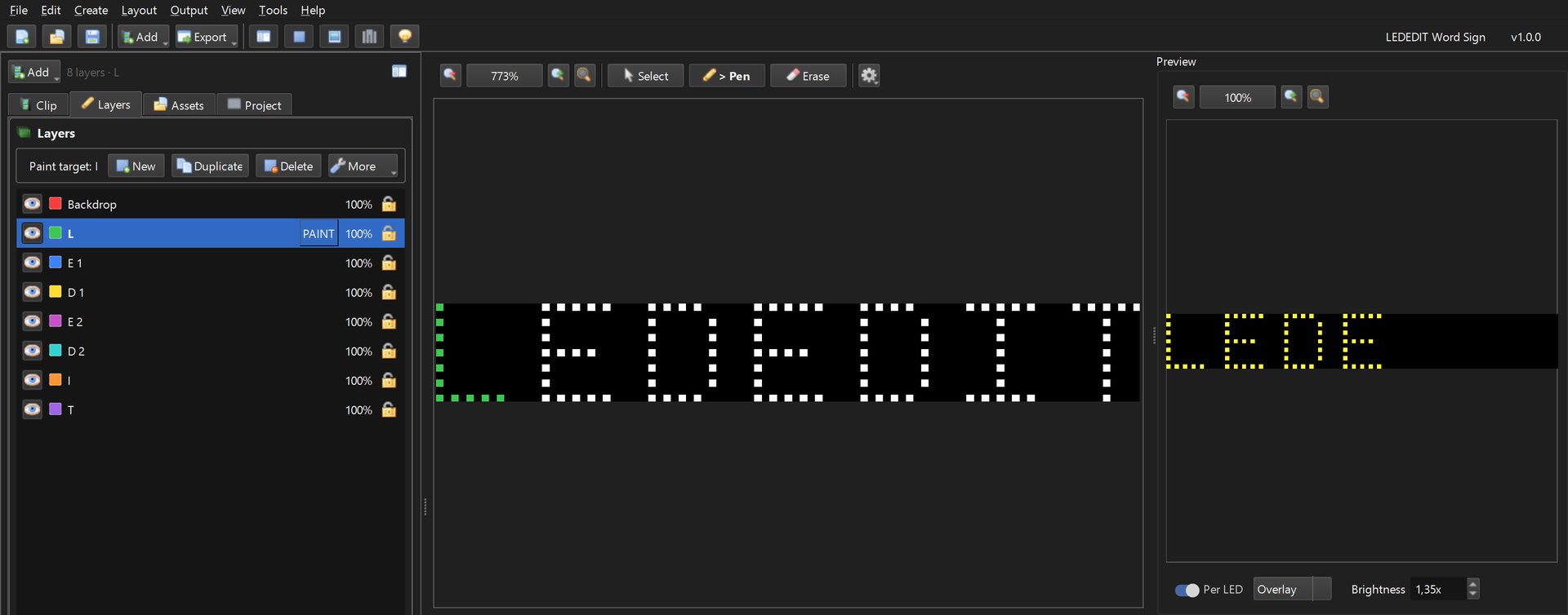 LEDEdit Pro layers panel with separate masks for L, E 1, D 1, E 2, D 2, I and T
