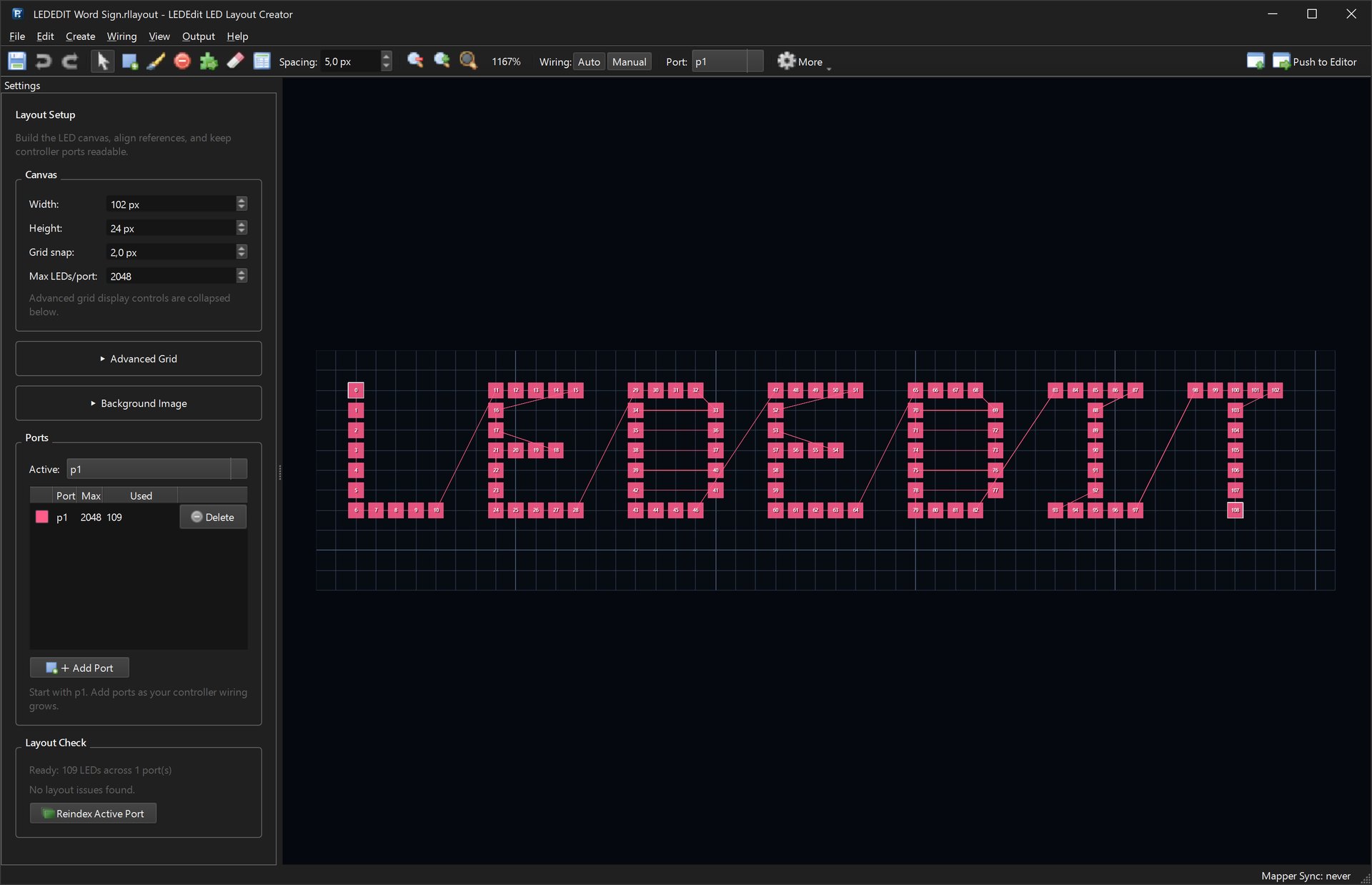 LED Layout Creator showing LEDEDIT formed by 109 individually numbered LEDs on one controller output