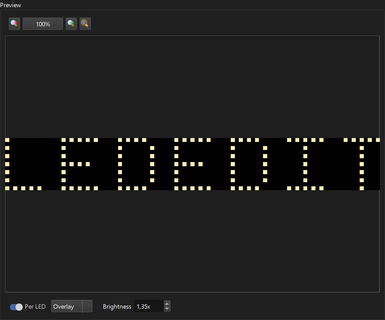 Real-time per-LED preview of the completed LEDEDIT pixel sign in one bright warm-white colour