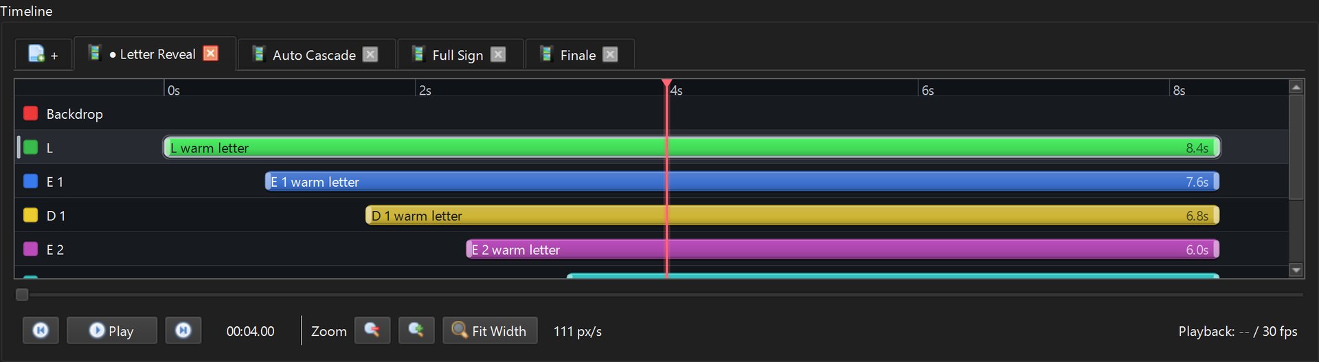 LEDEdit Pro timeline with staggered effect clips for the seven LED letter layers