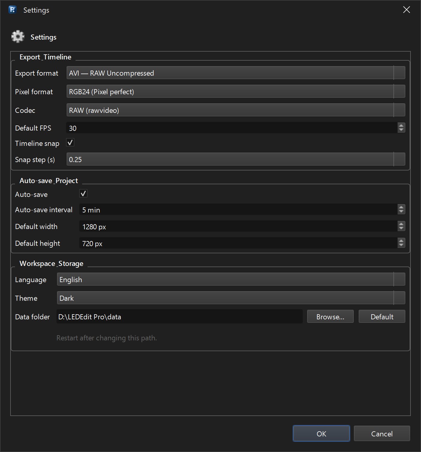 LEDEdit Pro 2026 Settings with export format, pixel format, codec, default FPS, auto-save, canvas size, language, theme and data folder