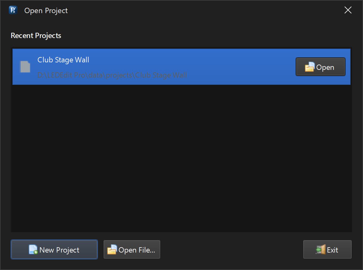 LEDEdit Pro 2026 Open Project screen with recent projects, New Project and Open File buttons