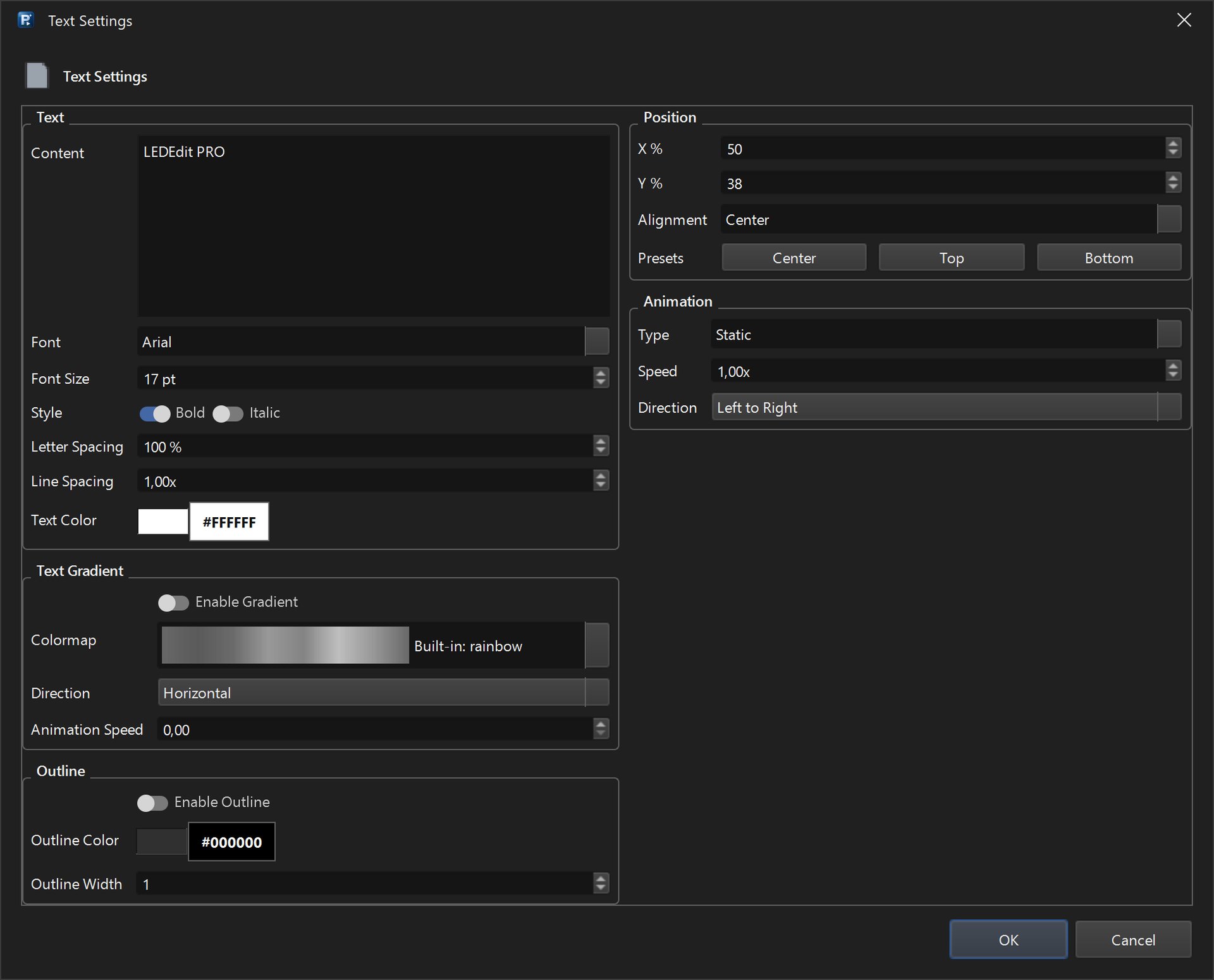 Text clip settings with gradient, outline and scroll animation