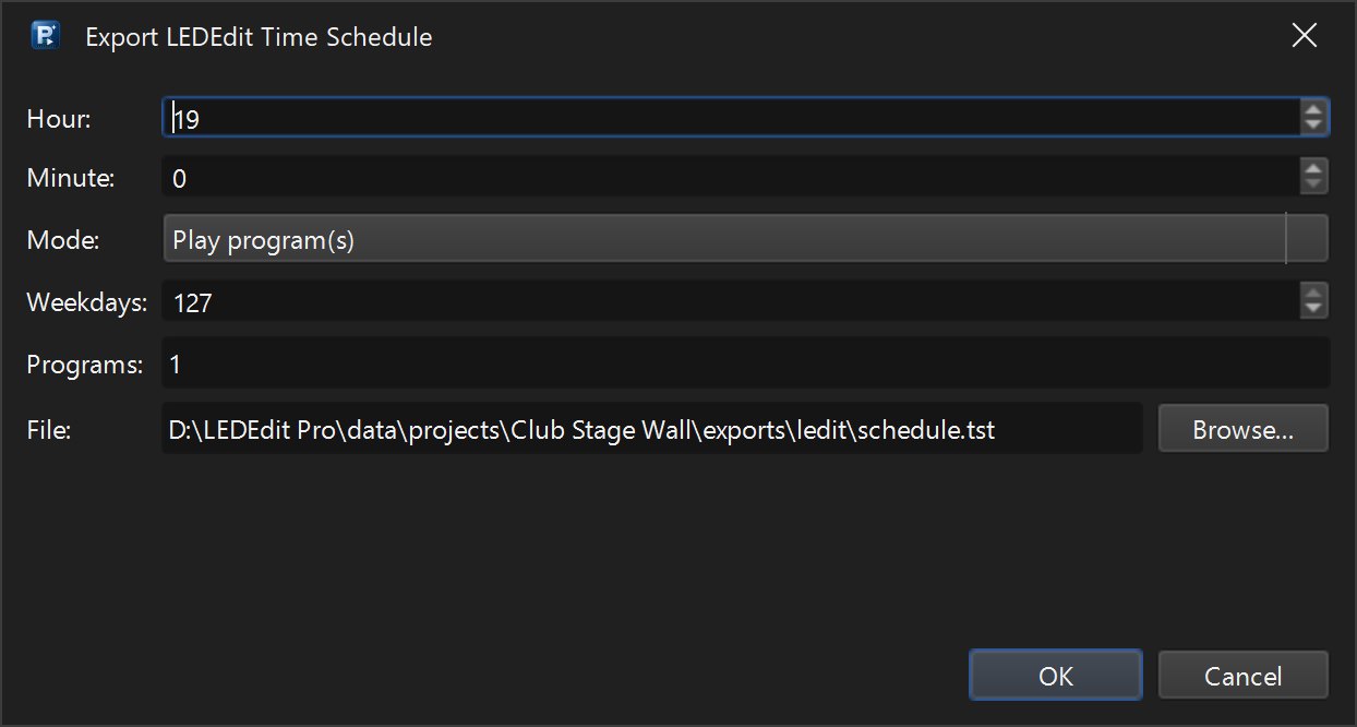 Export LEDEdit Time Schedule dialog with hour, minute, mode, weekdays, programs and file