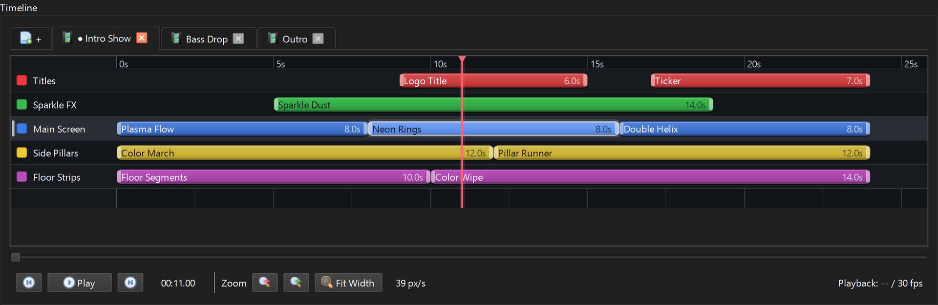 LEDEdit Pro 2026 timeline with scene tabs and effect and text clips on five layers