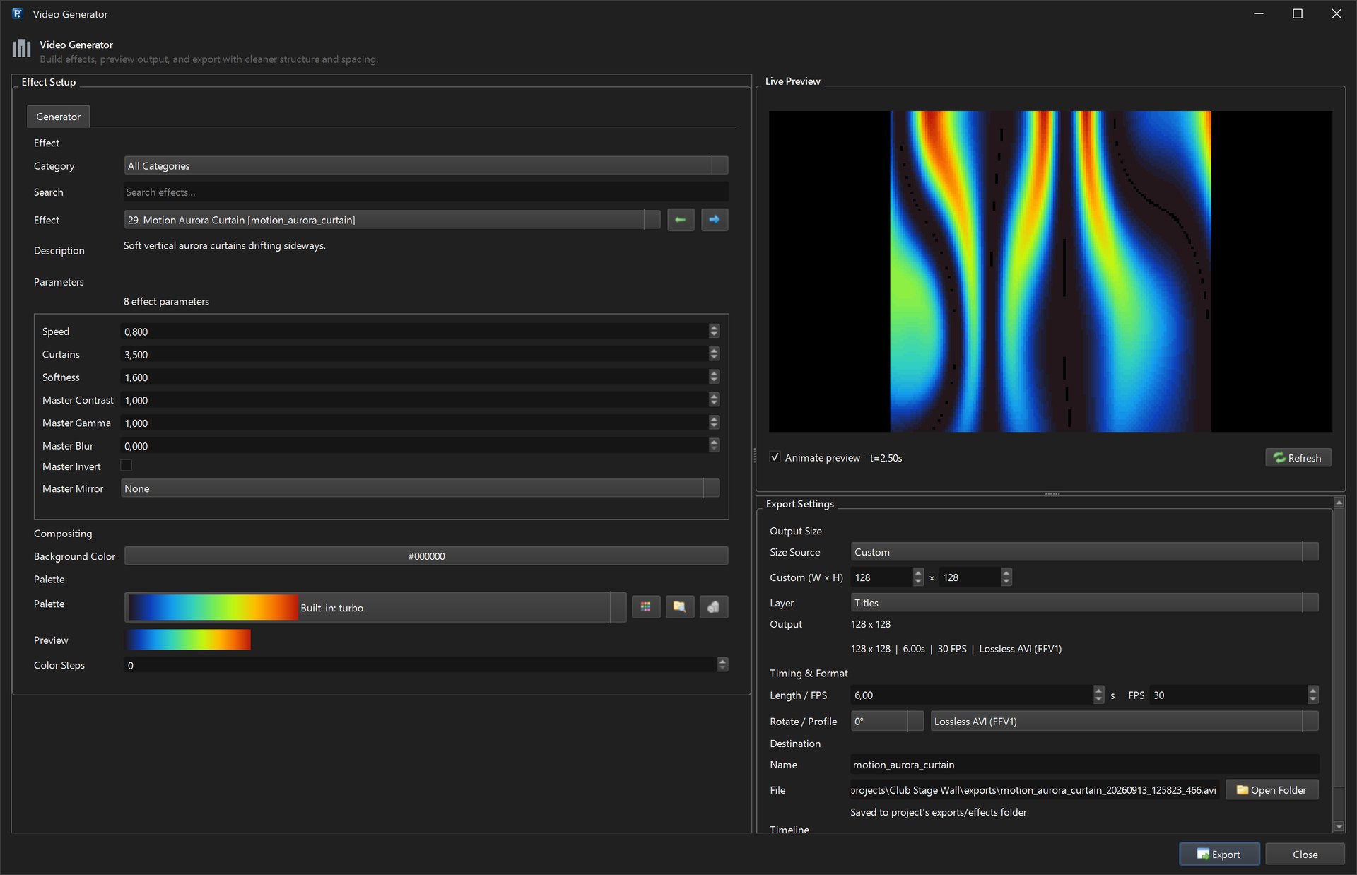 Video Generator rendering an aurora effect loop